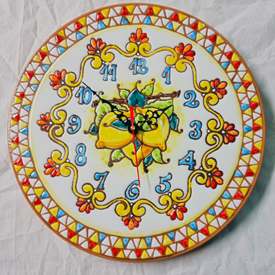 Orologio Ø cm 30 triangoli a rilievo con limoni e barocco giallo tecnica rilievo